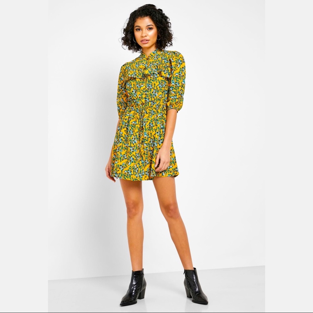 Topshop Floral Pleated Mini Dress Mustard Yellow